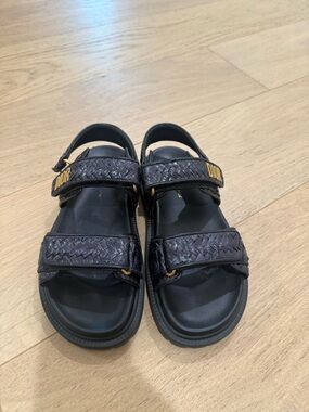 Dior Black Woven-Strap Sandals with Gold Logo